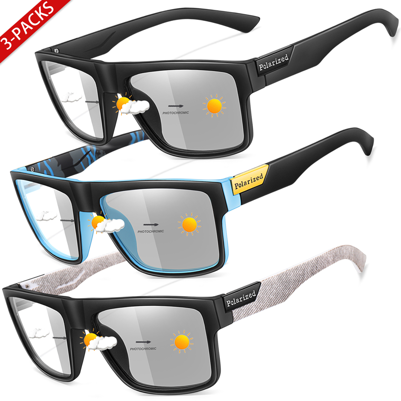 Cycling Zones - 3-Pairs Classical Square Photochromic Sunglasses Outdoor
